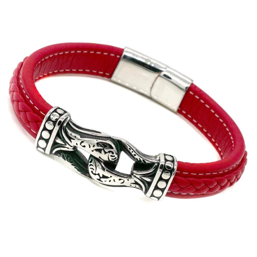 Men's red leather bracelet with magnetic clasp.